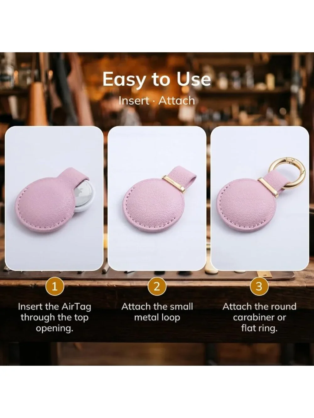 Genuine Leather AirTag Keychain Holder - 2 Pack, Secure Fit for Keys & Bags